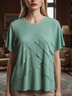 Alfred Dunner Mint Green Textured Blouse | Pastel Short Sleeve Top | Grandmacore